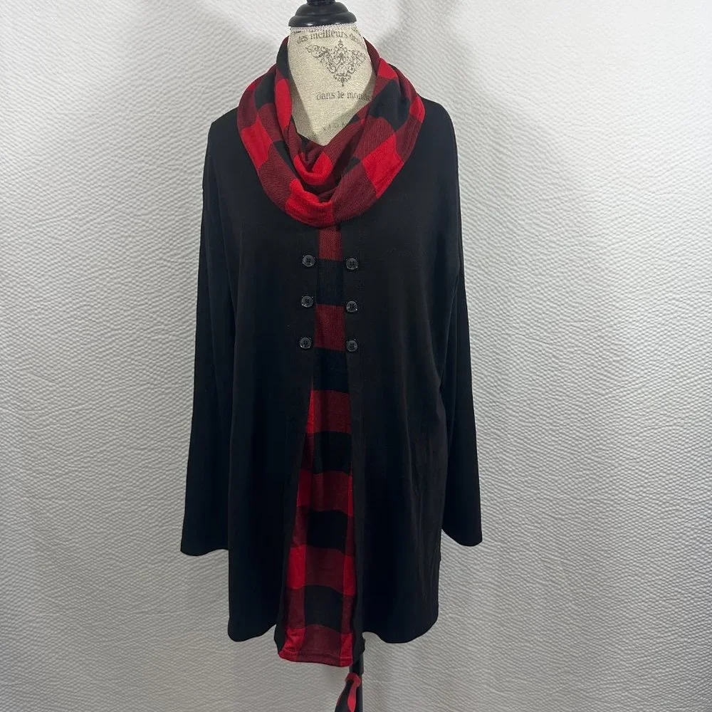 Bebonnie Buffalo Check Long Slv Cowl Neck Warm Splicing Tunic Top with Buttons - Picture 6 of 14